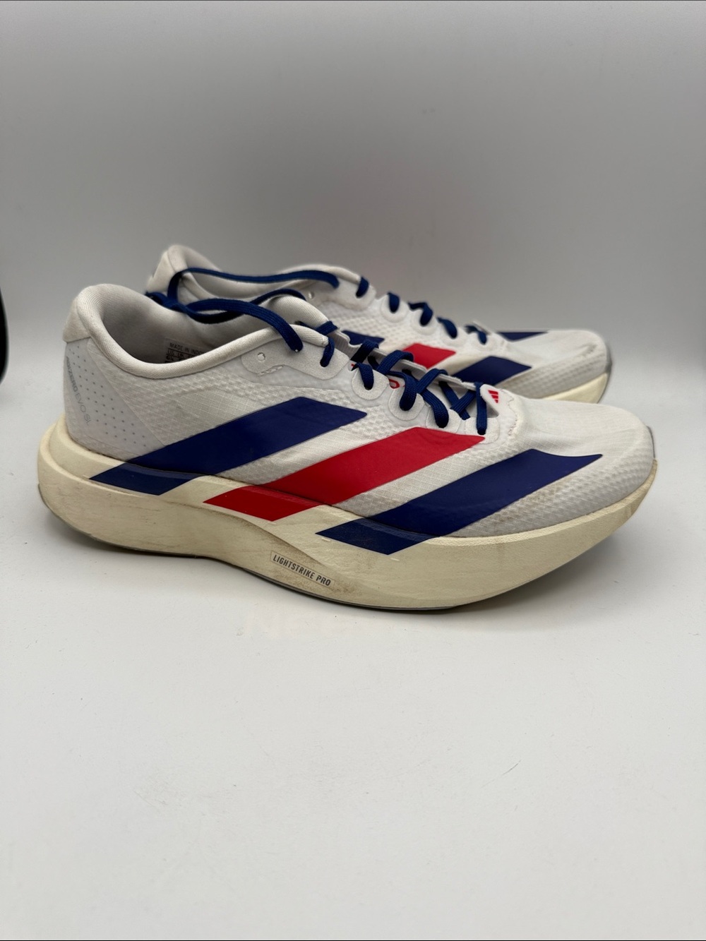 Adidas Adizero EVO SL women 6.5 White Running Shoes with Blue and Red stripe S1